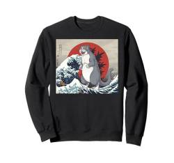 Lustige Catzilla Katze Vintage Japanische Wellen Kunst Sonne Frauen Männer Sweatshirt von Novelty Cat Anime Retro Catzilla Japanese Manga