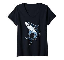 Damen Blauer Hawaii-Fan im Retro-Stil, für den Sommer, auf Reisen, für Damen und Herren T-Shirt mit V-Ausschnitt von Novelty Fish Vacations Shark Lover Husband Dad