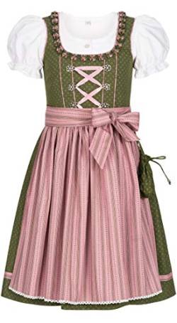 Nübler Dirndl Mädchen - 3 teiliges Set Dirndl Kleid mit Trachtenbluse und Schürze traditionell - Moderne bayrische Tracht, NABILA Oliv Oliv Gr. 74 von Nübler
