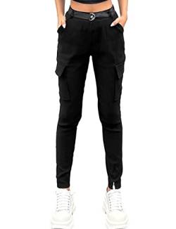 Nuofengkudu Cargohose Damen Stretch Cargo Leggings Hose mit Taschen Frauen Skinny Kargo Hosen mit Gummizug Gummibund Teenager Mädchen Moda Stoffhose Seitentaschen Sportleggins Jeggings Schwarz 2XL von Nuofengkudu