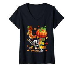 Damen LOVE Nurse Thanksgiving Job Team Fall Pumpkins Colorful T-Shirt mit V-Ausschnitt von Nurse Thanksgiving Costume