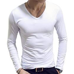 Nyeemya Herren Langarmshirt Slim Fit T-Shirt V-Ausschnitt Tee Basic Einfarbig Unterhemd Stretch Tops Weiß L von Nyeemya