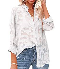 Bluse Damen Sommer Gant Pullover Damen Langarm-Shirts V-Ausschnitt Shirt Baggy Bluse Plus Size Damen Shirt Sommerbluse Hohl Chiffon Shirt Jacquard Shirt Freizeithemd Weiß L von OADOBKICE