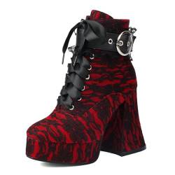 OAUSZC Blockabsatz Schnürstiefeletten Plateau Combat Boots Damen Gothic Punk Abend Partystiefel,Rot,38 EU von OAUSZC