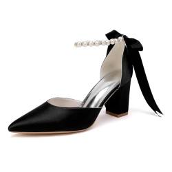 OAUSZC Schwarz,36 EU, Damen Knöchelriemen Pumps Blockabsatz 8 cm Satin Perlen Spitze Zehen Hochzeit Abschlussball Brautschuhe 272-02 von OAUSZC