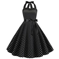 Damen Neckholder Vintage Rockabilly Kleid 1950er Jahre Swing Cocktail Kleid Blumen/Polka Dots Festlich Abendkleid Schwarz S von OBEEII