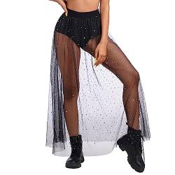 Damen Sexy 2 in 1 Transparent Mesh Rock High Waist Maxirock Glitzer Sterne Frezeit Strand Streetwear Clubwear Schwarz XL von OBEEII