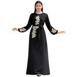 OBEEII Abaya Damen Muslimische Kleid Stickerei-Perlen Islamischer Kaftan Kleid Länge Dubai Türkisches Arabisches Nahen Osten Robe mit Gürtel Schwarz L von OBEEII