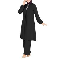 OBEEII Abaya Muslim Damen Set 2 Stück Langarm Oberteile Robe Und Hosen Corban Ramadan Outfit Naher Osten Arabisch Islamische Kleidung Schwarz XL von OBEEII