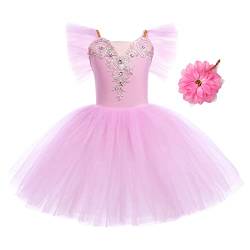 OBEEII Ballettkleid Mädchen kurze Ärmel Turnanzug Tütü Zarte Blumenstickerei Eiskunstlauf Kleider Mädchen Ballerina Mädchen Spaghettiträger Gymnastik Kostüm Mädchen Rosa B 11-12 Jahre von OBEEII