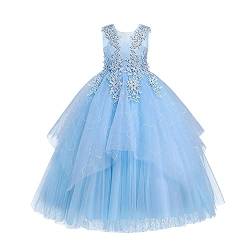 OBEEII Blumenmädchen Spitzenkleid für Kinder Kleines Großes Mädchen Blumen Tüllkleid Prinzessin Festzug Geburtstagsfeier Kleid Bestickte Spitze Tüll Ballkleider Erstkommunion Kleider Blau 3-4 Jahre von OBEEII