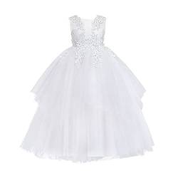 OBEEII Blumenmädchen Spitzenkleid für Kinder Kleines Großes Mädchen Blumen Tüllkleid Prinzessin Festzug Geburtstagsfeier Kleid Bestickte Spitze Tüll Ballkleider Erstkommunion Kleider Weiß 9-10 Jahre von OBEEII