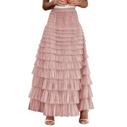 OBEEII Damen Tiered Tüll Rock Höhe Taille A Line Layered Mesh Lang Rock für Frezeit Urlaub Prom Party Bohne Rosa M von OBEEII