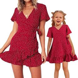 OBEEII Mütter und Tochter Sommerkleid Kurzarm Familie Blumenmuster MiniKleid Strandkleid Partykleid Mama und Ich Kleidung Set Rot XL von OBEEII