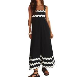 OBEEII RIC Rac Kleid für Damen 2024 Urlaub Ärmellos Spaghettiträger Boho A-Linie Flowy Freizeit Strand Urlaub Party Sommerkleider Schwarz L von OBEEII