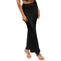 OBEEII Satin Rock Damen Lang Hohe Taille Elastischer Bund Midirock Elegant Sommer A-Linie Casual Cocktail Party Rock Schwarz M von OBEEII