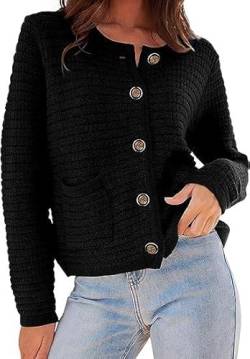 OBEEII Strickjacke Damen Kurz Rundhalsausschnitt Cardigan Knopfleiste Gestrickter Strickmantel Pullover Herbst Winter Casual Outerwear Strickjacke Schwarz M von OBEEII