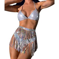 Rave Outfits für Damen, Quasten Rock Briefs Metallic Holografisches Oberteil 3-teiliges Bikini-Set für Halloween Cosplay Karneval Club Festival Party Streetwear Clubwear Silber05 3PCS S von OBEEII