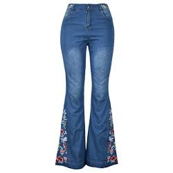 OBiQuzz Schlaghose Damen Low Waist Bein Baggy Denim Hosen Gerade Schlagjeans Bestickte Blumen Jeanshose Stretch Breites Flare Hose Slim Fit Skinny Pants Bootcut Jeans Vintage Straight Damenjeans von OBiQuzz