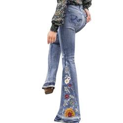 Schlaghose Damen Jeans Mit Blumen Elegant Stretch Jeanshose Bootcut Flared Hose Fashion Retro Skinny Slim Hosen Casual Hohe Taille Breite Jeans Mode Weites Bein Retro Stil Denim Pants 70Er Party von OBiQuzz