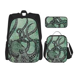 OCELIO Grüner Oktopus-Rucksack, Teenager-Mädchen, Jungen, Kinder-Schultasche + Federmäppchen + Lunch-Tasche, Kombination, grün, Einheitsgröße, Rucksack, Reisen, grün, Einheitsgröße, Rucksack, Reisen von OCELIO