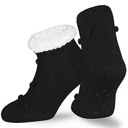 OCERA Warme Hüttensocken für Damen, mit flauschigen Innenfutter und ABS Sohle, 1 Paar Kuschelsocken mit Anti Rutsch Noppen in Schwarz 35-38 von OCERA