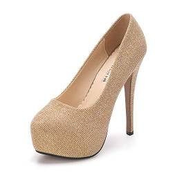 OCHENTA Damen-Pumps mit rundem Zehenbereich, Stiletto, hoher Absatz, Plateau-Schlupfschuhe, Glitzergoldfarben, 40.5 EU von OCHENTA