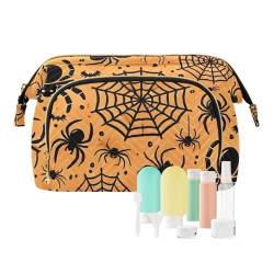 ODAWA Schwarze Spinnennetz-Kosmetiktasche mit 9-teiligem Zubehör-Set, Reise-Kosmetik-Organizer mit Reißverschluss, Kulturbeutel, Make-up-Tasche für Reisen, Schwarze Spinnennetze, Halloween, von ODAWA