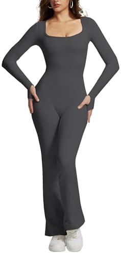 OEAK Damen Jumpsuit Flared Langarm Sport Yoga Bodysuit Stretch Quadratischer Ausschnitt Overall Einteiler Gym Workout Bodycon Romper (Dunkelgrau,M) von OEAK