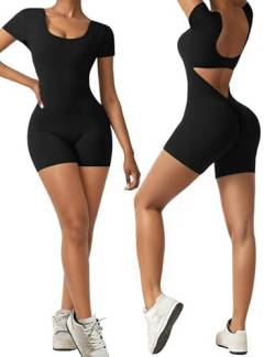 OEAK Damen Jumpsuit Kurz Eng Scrunch Butt Bodysuit V Back Sexy Rückenfrei Kurzarm Yoga Overall Einteiler Gym Workout Bodycon Ganzkörperanzug,Schwarz,S von OEAK