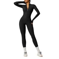 OEAK Damen Sport Jumpsuit Lang Eng Yoga Overall Langarm Rollkragen Playsuits mit Reißverschluss Nahtloser Bodysuit Bodycon Strampler Einteiler Romper,Kohlenschwarz,L von OEAK