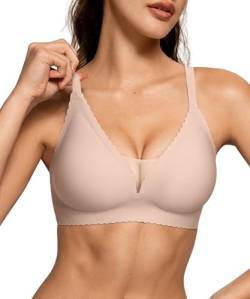 OEAK Nahtloser BH Damen Ohne Bügel Push Up Buttrig Glatter Bustier Gepolstert Soft Spitzen Bralette Bügelloser Bequemer Schlaf T-Shirts BH,Beige,L von OEAK