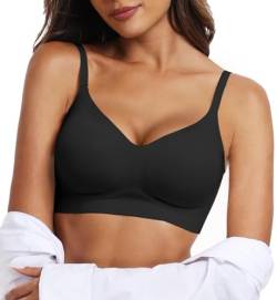 OEAK Nahtloser BH Damen ohne Bügel V-Ausschnitt Zero Feel Bralette Ultrakomfortabler Tshirt BH Soft Schlaf BH Push Up Gepolstert Bügelloser Bustier,Schwarz,3XL von OEAK