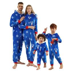 OEAK Weihnachten Schlafanzug Familien Einteiler Jumpsuit Teddy Fleece Schlafoverall Pyjama Overall Flauschig Onesie Warm Strampelanzug Nachtwäsche,Blau,Herren,XXL von OEAK