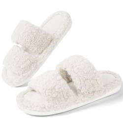 OFFCUP Plüsch Hausschuhe Damen, Plüsch Pantoffeln Winter Slides, Gemütliche Damen Hausschuhe Offene Zehenpartie Warme Pantoffeln Damen Pelzige Flache Slippers Trendig für Drinnen und Draußen von OFFCUP