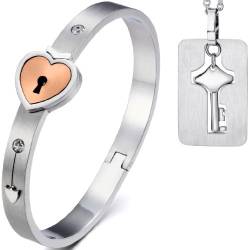 OIDEA Armband Partnerkette mit Herzschloss Schlüssel Armband Verliebt Edelstahl Mode Schmuck Geschenk Liebe Roségold Silber 2 Stück von OIDEA