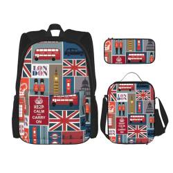 OKFSTY England Symbols Rucksack, 40,6 cm, für Jungen, Vorschule, Grundschul-Büchertasche und Lunchbox, leicht, 3 Stück, Schwarz , Einheitsgröße, Schulranzen-Set von OKFSTY