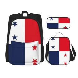 OKFSTY Rucksack mit Flagge von Panama, 40,6 cm, für Jungen, Vorschule, elementare Büchertasche und Lunchbox, leicht, 3 Stück, Schwarz , Einheitsgröße, Schulranzen-Set von OKFSTY