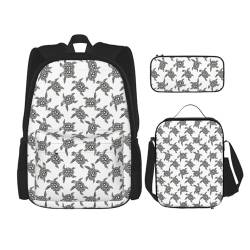 OKFSTY Rucksack mit Tiermotiven, Meeresschildkröten, 40,6 cm, für Jungen, Vorschule, elementare Büchertasche und Lunchbox, geringes Gewicht, 3 Stück, Schwarz , Einheitsgröße, Schulranzen-Set von OKFSTY