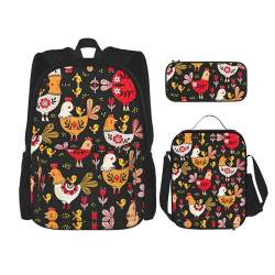 OKFSTY Rucksack mit niedlichem Hahn und Hühnern, 40,6 cm, für Jungen, Vorschule, elementare Büchertasche und Lunchbox, geringes Gewicht, 3 Stück, Schwarz , Einheitsgröße, Schulranzen-Set von OKFSTY