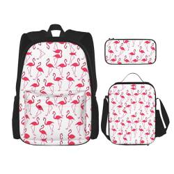 OKFSTY Rucksack mit rotem Flamingo-Muster, 40,6 cm, für Jungen, Vorschule, elementare Büchertasche und Lunchbox, geringes Gewicht, 3 Stück, Schwarz , Einheitsgröße, Schulranzen-Set von OKFSTY