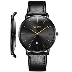 OLEVS Uhr Herren Luxus Kleid Leichte Uhren Wasserdicht Leder Japanisches Uhrwerk Herren Armbanduhr mit Kalender Datum Minimalistisch Ultra Dünn Klassische Uhr, schwarz, Round, Casual von OLEVS