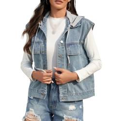 OLGER Damen Jeansweste-Stylisch Gewaschene Jeansweste Kordelzug Mit Kapuze Damen Kurze Jeansweste Jeansjacke Cropped Freizeit Sommer Frühling Jeansjacke Knopfleiste Oberteil,S von OLGER