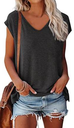 OLIPHEE Basic Damen T-shirt mit Flügelärmeln Klassischer V-Ausschnitt Oberteil Einfarbig Sommertop Mädchen Tee Aschwarz M von OLIPHEE