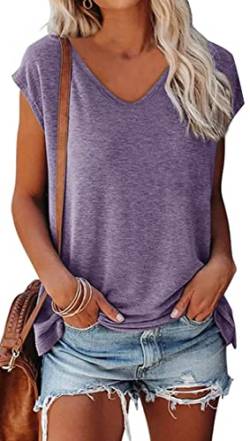OLIPHEE Basic Damen T-shirt mit Flügelärmeln Klassischer V-Ausschnitt Oberteil Einfarbig Sommertop Mädchen Tee Lila XL von OLIPHEE
