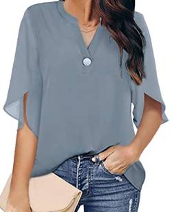 OLIPHEE Damen Bluse Elegant Lose Hemd mit 3/4 Arm Knopf T-Shirts Tunika Oberteile V-Ausschnitt Fledermausärmel Tops (XL,Grau) von OLIPHEE
