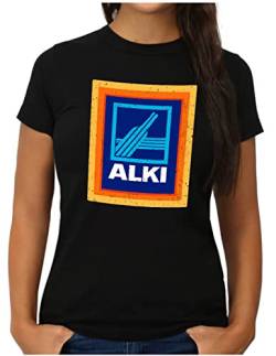 OM3® Alki T-Shirt Vintage Style | Damen | Parodie für Alkohol Liebhaber Saufparty Fun | L, Schwarz von OM3