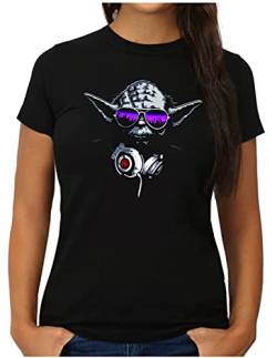 OM3® DJ-YODA T-Shirt | Damen | Deejay Headphones Party Club Music Turntables | L, Schwarz von OM3