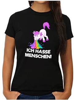 OM3® kotzendes Einhorn T-Shirt | Damen | Ich Hasse Menschen Regenbogen Fun Spruch Statement | XL, Schwarz von OM3