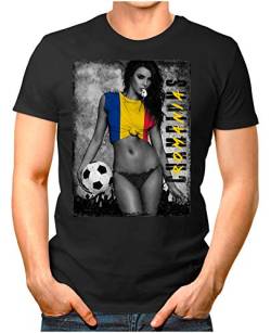 OM3 - Romania-Champions - Herren T-Shirt mit Länderflagge Ländershirt Fan Sexy Girl Frau Fußball Trikot Rumänien Vintage Schwarz L von OM3